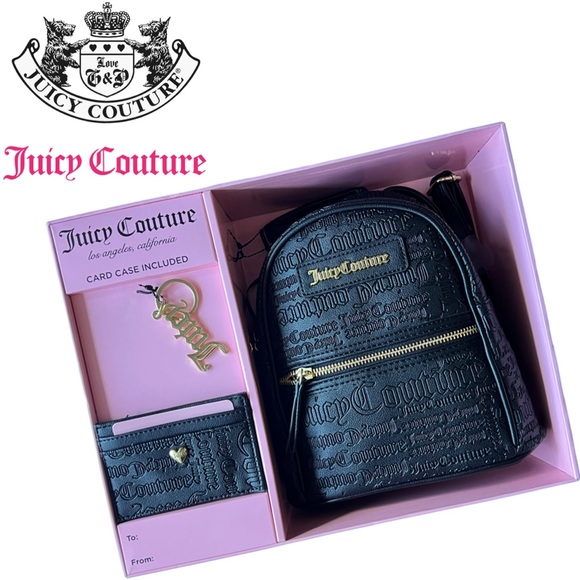 JUICY COUTURE Black Logo Backpack Cardcase Gold Keychain Boxed Gift Set - Picture 2 of 13